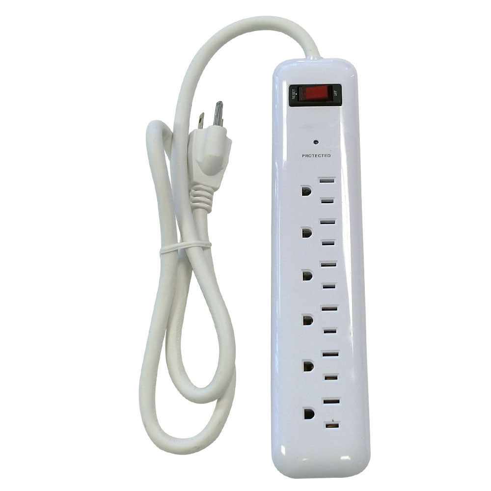 6 Outlet Power Strip w/Surge Protector - 750J 3 ft Cord Straight Plug (Plugs Turned Sideways for Power Supplies) (White)
