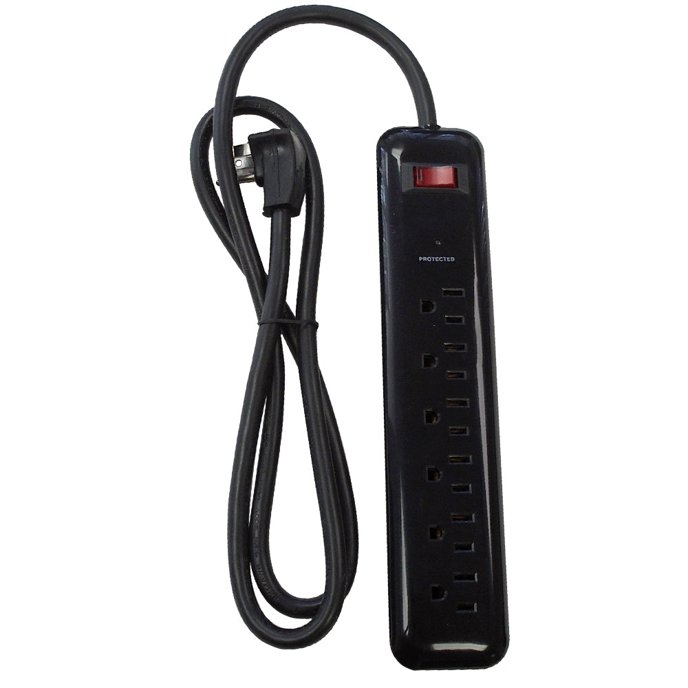 6 Outlet Power Strip w/Surge Protector - 1000J 4 ft Cord Down Angle Plug (Plugs Turned Sideways for Power Supplies) (Black)